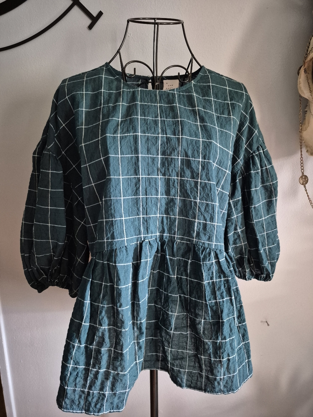 Dark Green Windowpane Peplum Top
